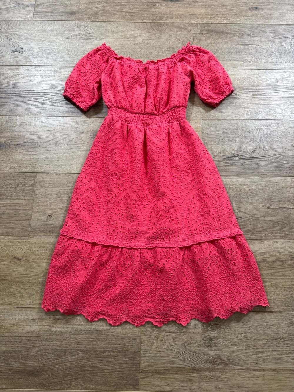 Betsey Johnson Paradise Pink Eyelet Off Shoulder Midi Dress Large Cottagecore - Picture 2 of 16